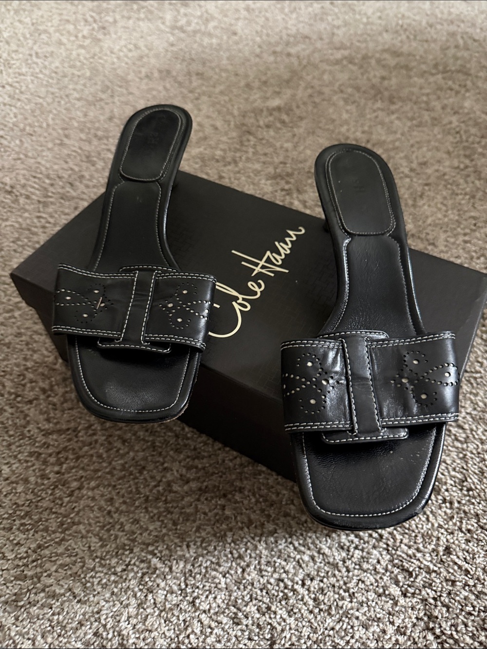 Cole Haan Black Leather Perforated Bow Slide Sandals